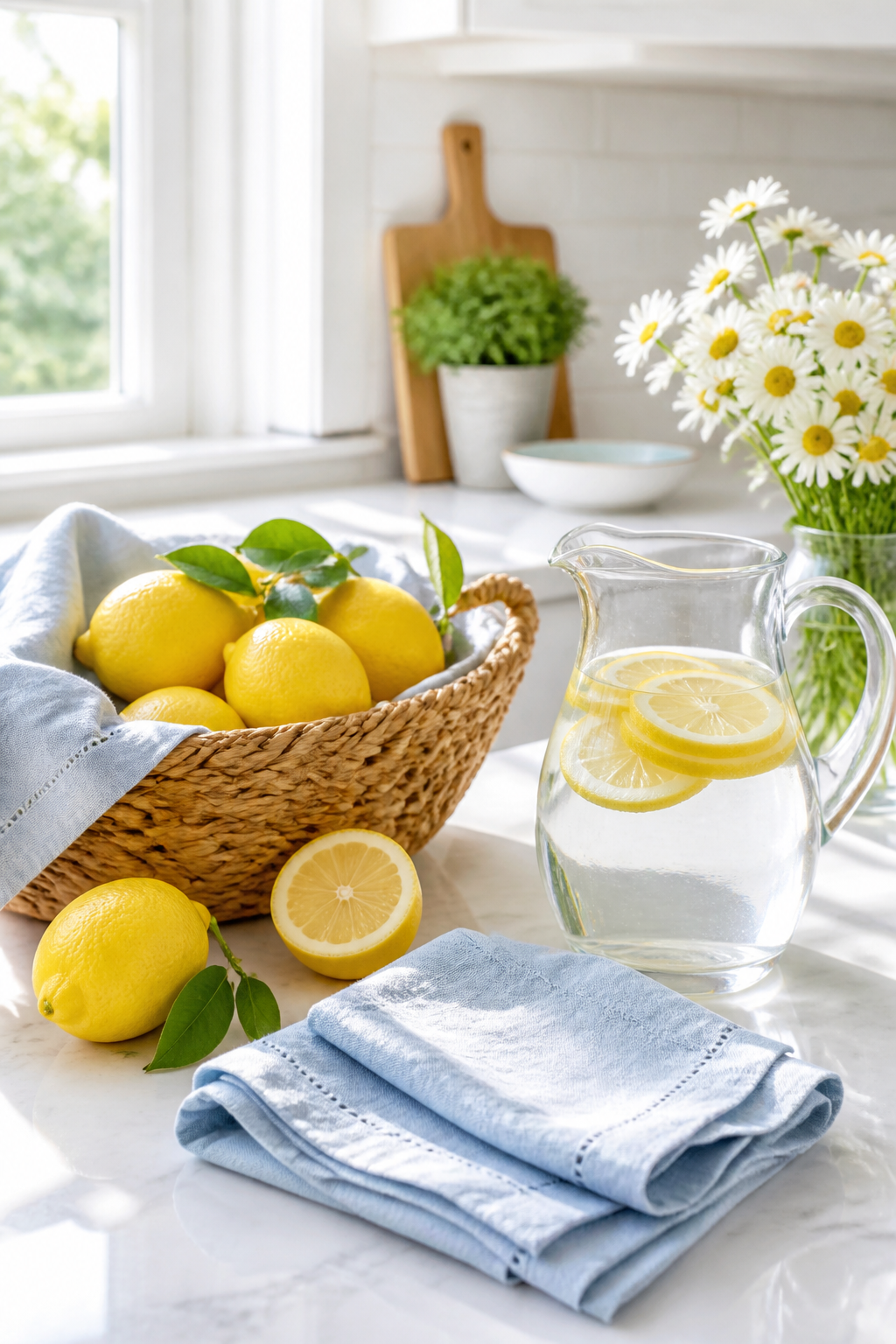 A bright white kitchen counter styled with fresh lemons in a woven basket, pale blue linen napkins, a clear glass pitcher of water with lemon slices, and a small vase of white daisies, soft natural morning light streaming through a window