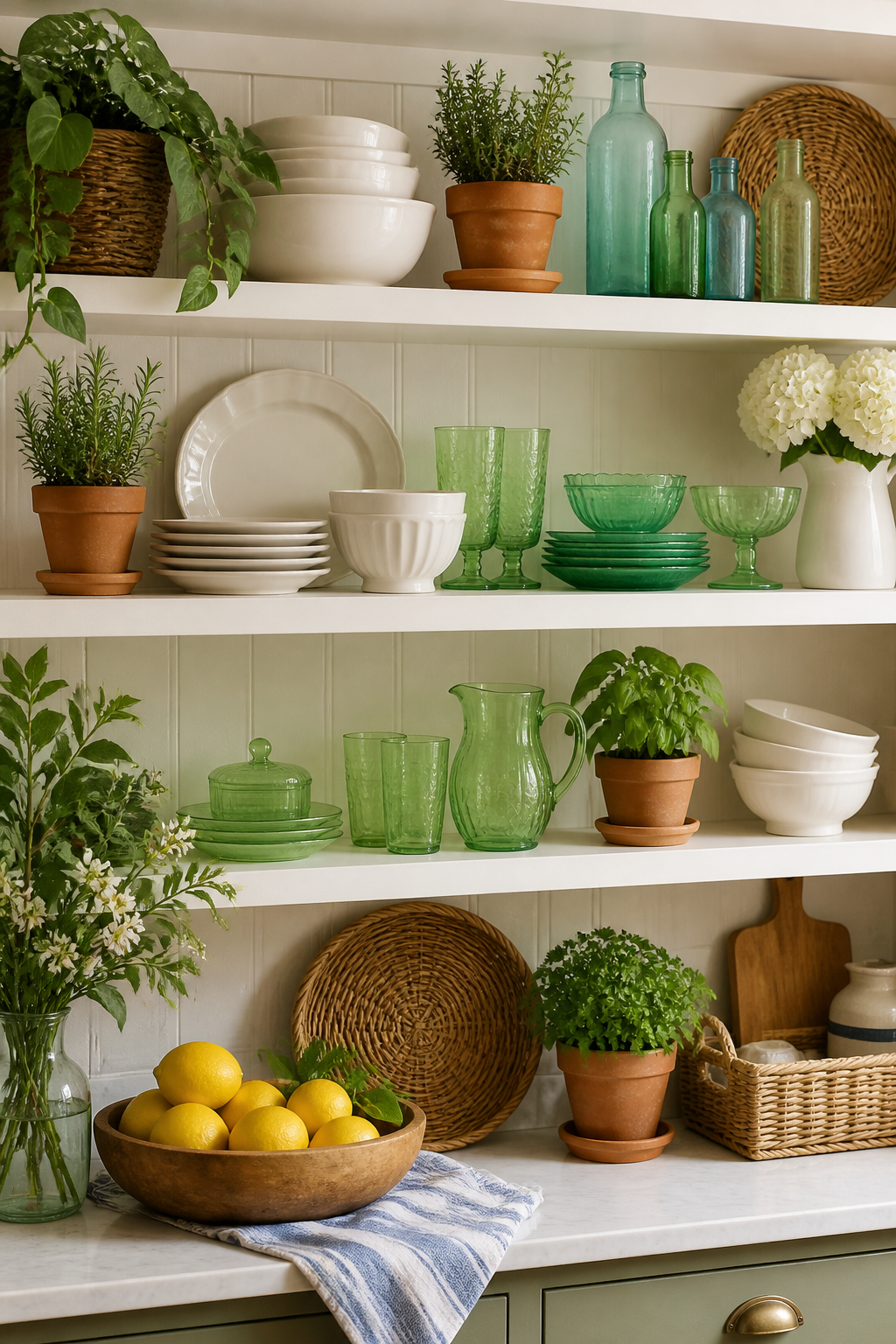Open kitchen shelving decorated for summer with stacked white dishes, pale green Depression glass, small potted herbs in terra cotta pots, a collection of vintage glass bottles in blues and greens, and woven basket storage