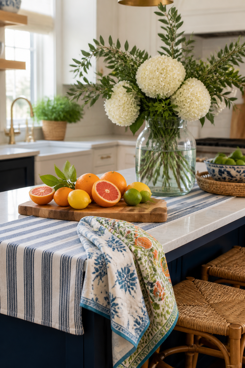 A kitchen island styled with a striped linen runner in navy and white, a wooden cutting board with fresh citrus fruits, colorful patterned tea towels draped casually, and a large glass vase filled with greenery and white hydrangeas