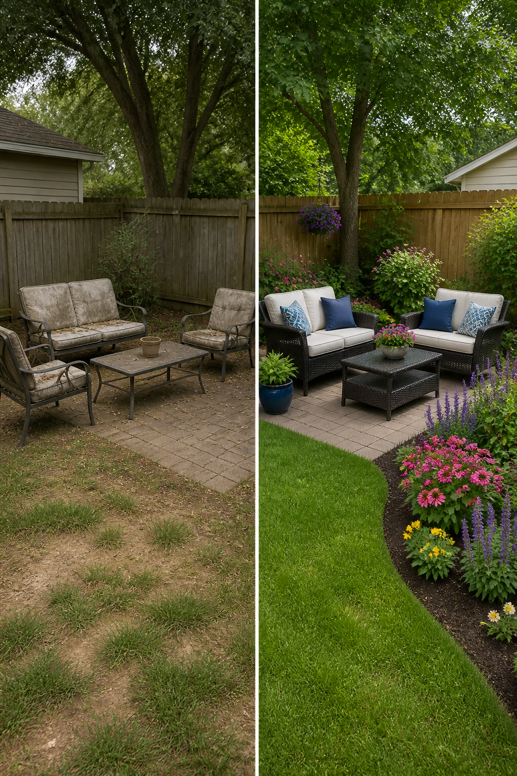 A before-and-after style comparison showing one side of a backyard with tired, outdated furniture and bare patches, versus a refreshed side with new cushions and blooming flower beds