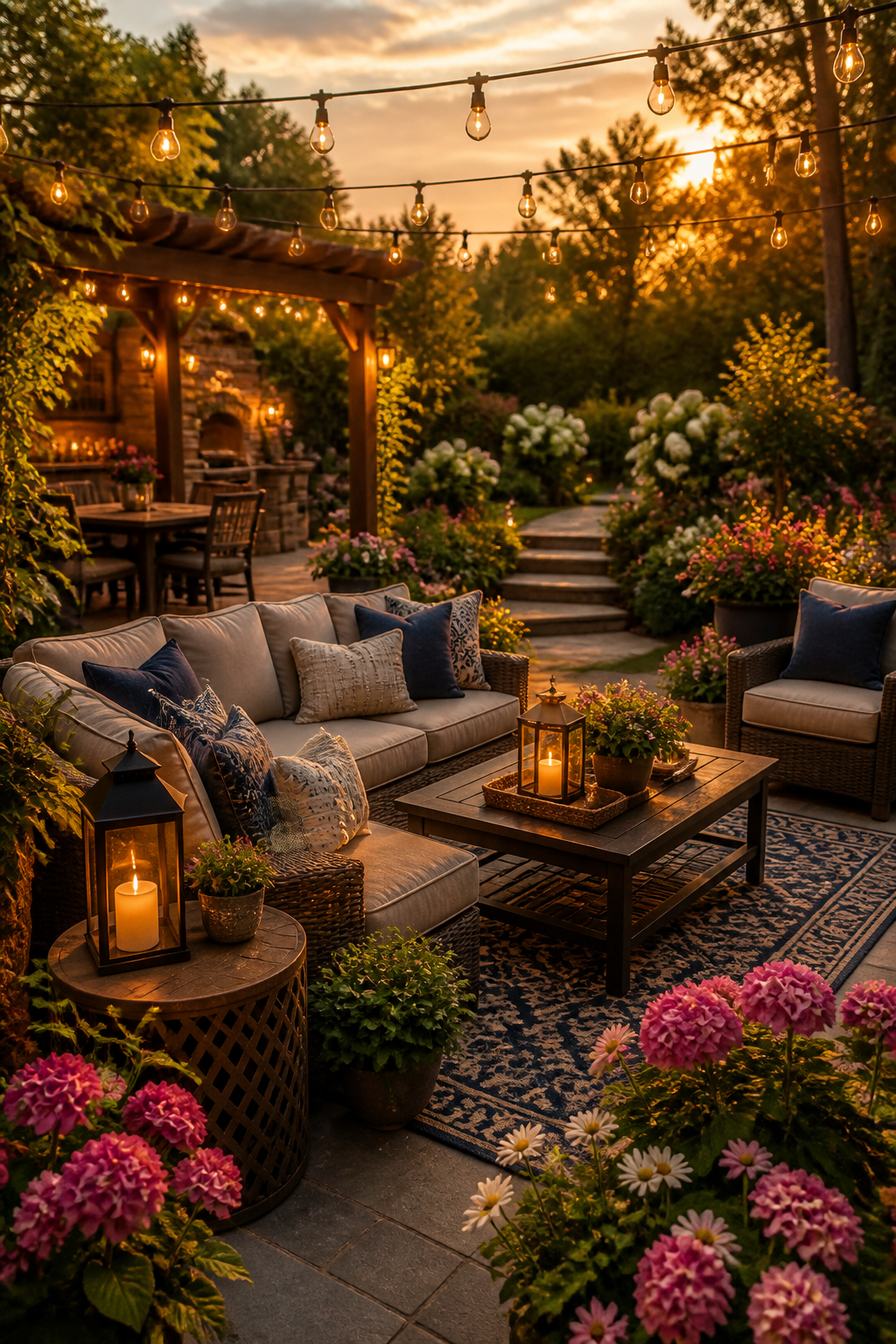 A lush backyard oasis transformation featuring a decorated outdoor seating area with string lights overhead, surrounding gardens bursting with summer blooms, and decorative lanterns on side tables at golden hour