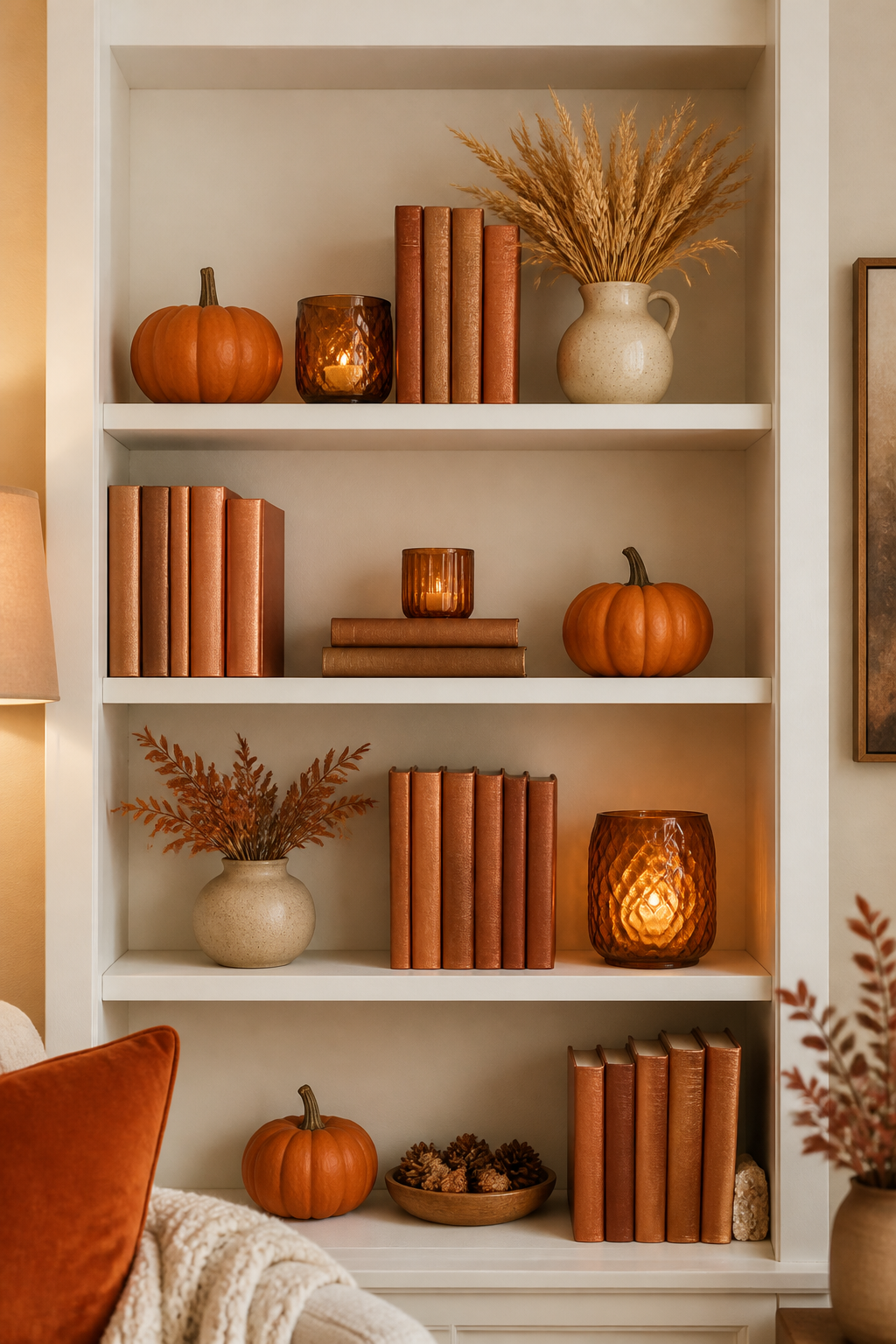 Cozy styled bookshelf with autumn decorations including small orange pumpkins, copper-colored books, dried wheat stalks in a ceramic vase, and warm amber candleholders arranged on white shelving against a cream wall