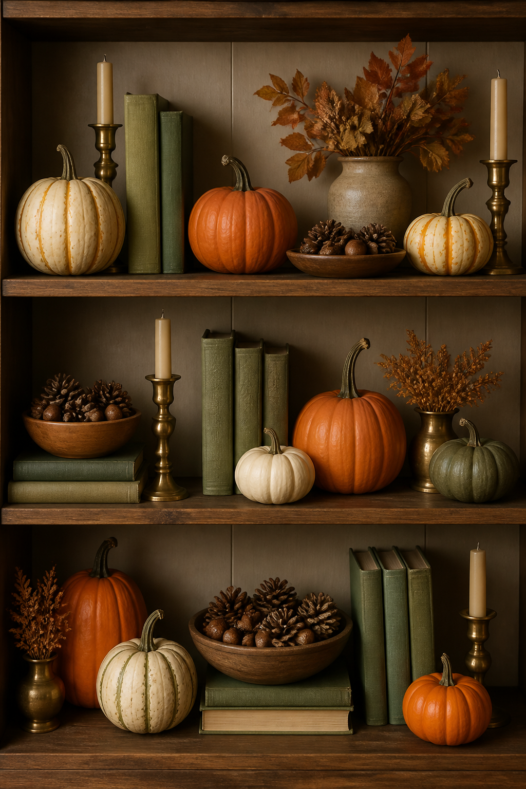 Three-tiered bookshelf decorated for autumn with mixed heights of cream and orange pumpkins, vintage brass candlesticks, sage green hardcover books, and natural wood bowls filled with acorns and pinecones