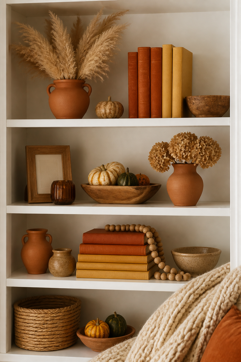 Warm-toned bookcase styling with terracotta vases holding dried pampas grass, stack of burnt orange and mustard yellow books, small gourds, a chunky knit blanket corner visible, and wooden bead garland draped on white built-in shelving