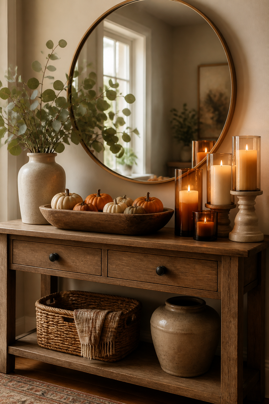 A beautifully styled fall console table featuring a large round mirror above it, decorated with varying heights of amber and cream colored candles, a wooden dough bowl filled with mini pumpkins, and eucalyptus stems in a ceramic vase, warm afternoon lighting