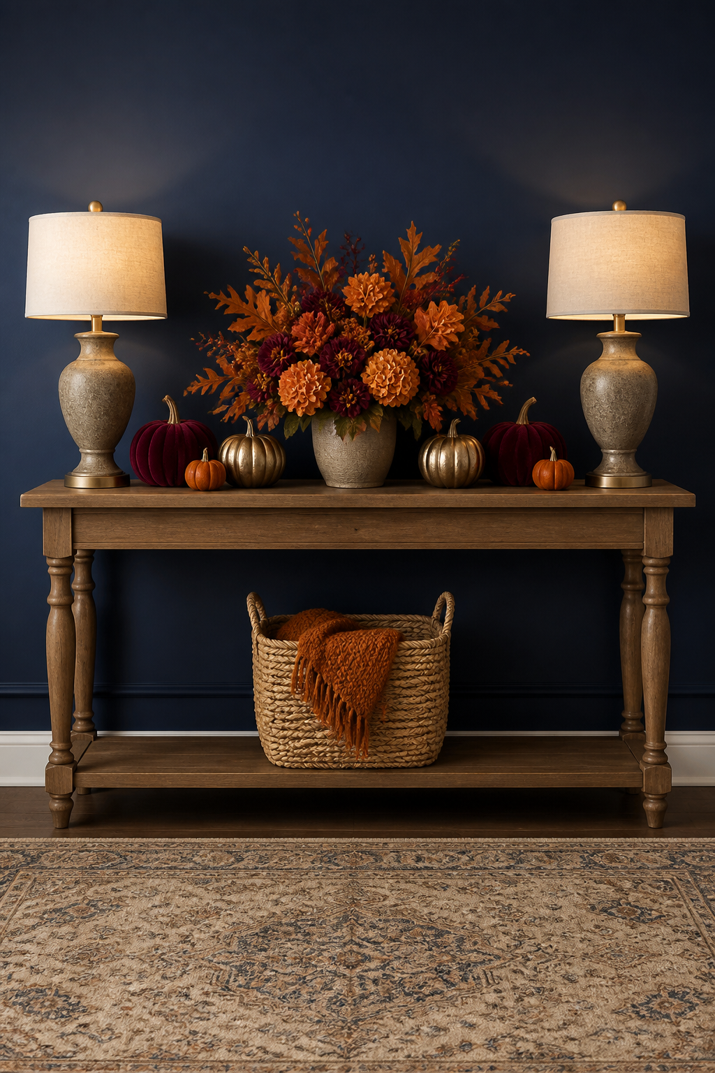 A full view of a completed fall-styled console table against a navy blue wall, featuring symmetrical arrangement with matching table lamps on each end, central fall floral arrangement with orange and burgundy flowers, decorative pumpkins, and a woven basket underneath the table