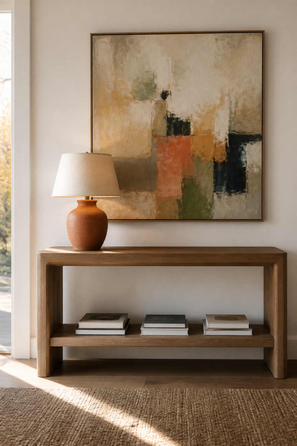 A sleek wooden console table against a white wall in an elegant entryway, completely bare and undecorated, natural lighting from a nearby window, minimalist interior design style, showing the empty surface waiting to be styled
