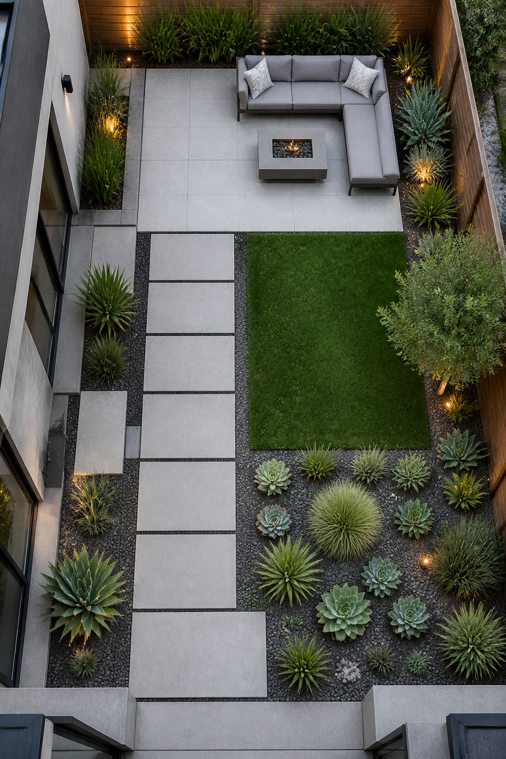 Overhead view of a small modern backyard garden with clean geometric stone pavers in light gray creating a pathway, surrounded by minimal ornamental grasses and low-maintenance succulents, sharp lines and organized layout, contemporary residential setting