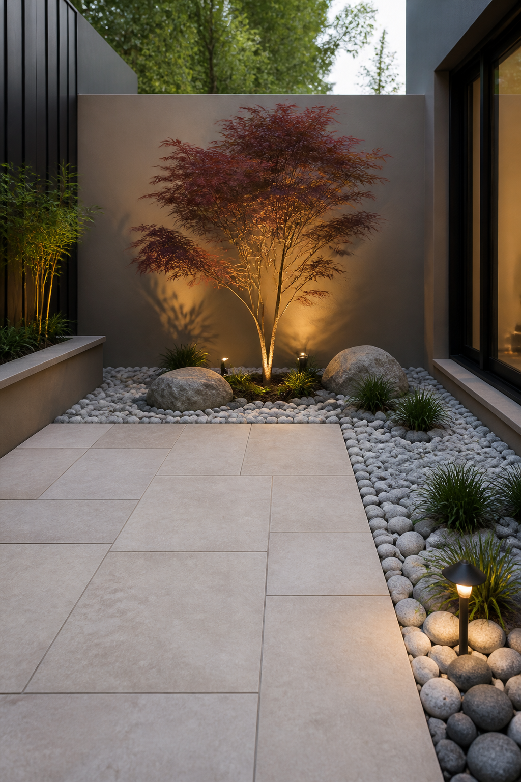 Modern minimalist courtyard garden with large format limestone tiles forming a small patio, bordered by river rock bed in white and gray tones, single Japanese maple tree as focal point, peaceful zen-inspired design