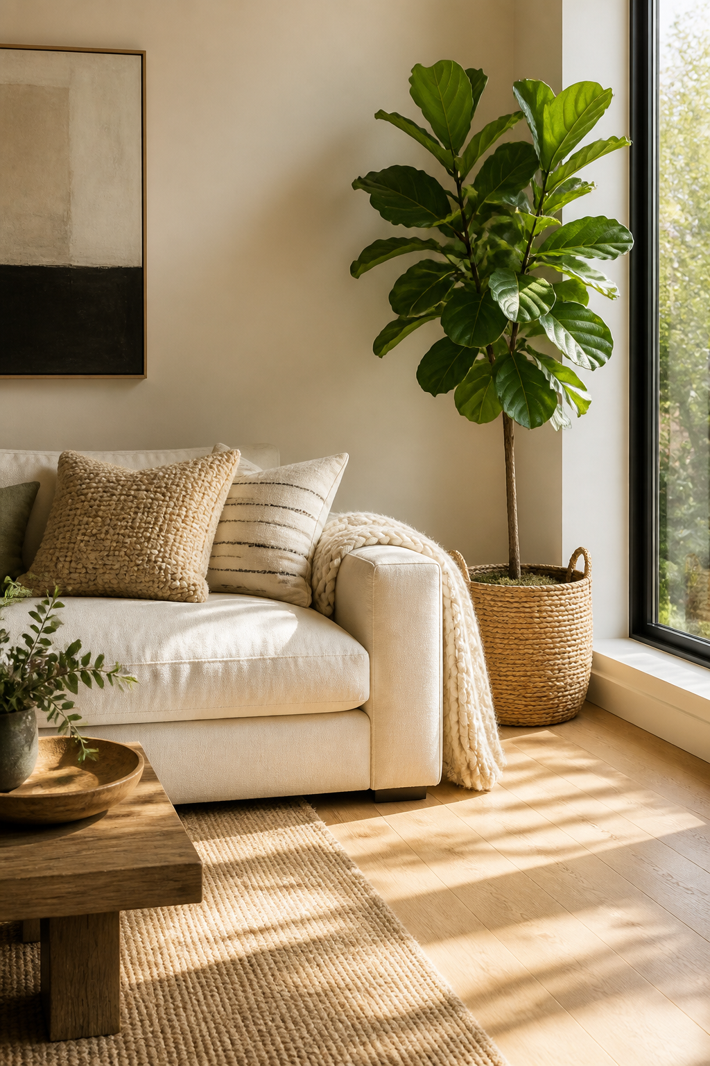 A modern living room corner featuring a low-profile cream linen sofa with textured throw pillows, a chunky knit blanket draped over the arm, a live fiddle leaf fig plant in a natural woven basket planter positioned near a large window with soft afternoon sunlight streaming across light oak hardwood floors