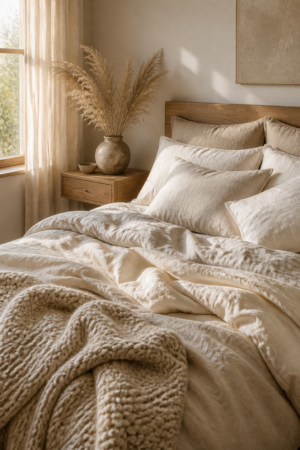 A serene bedroom scene showing an unmade bed with layered neutral bedding in cream and oatmeal tones, raw edge linen duvet, chunky knit throw at the foot, natural wood floating nightstand with a small ceramic vase holding dried pampas grass stems, warm morning light from a nearby window