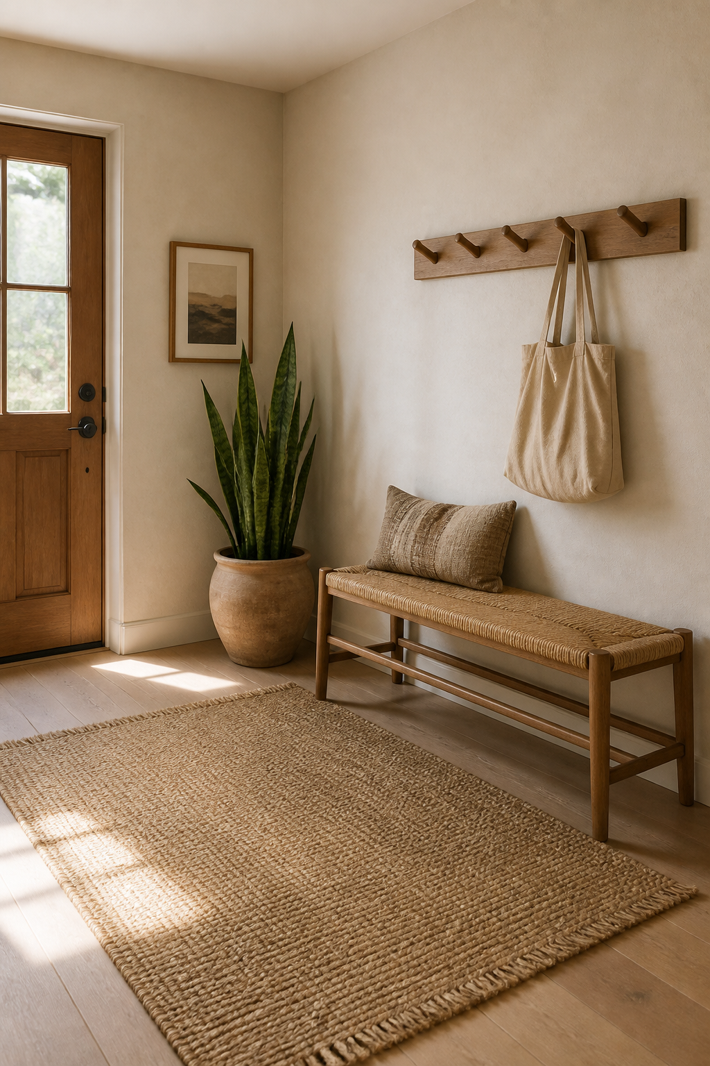 Wide angle view of an earthy modern entryway with a wooden bench with woven seat cushion, wall-mounted wood peg hooks holding a canvas tote bag, a jute area rug on light wood floors, and a tall snake plant in a natural clay pot positioned in the corner where natural light falls