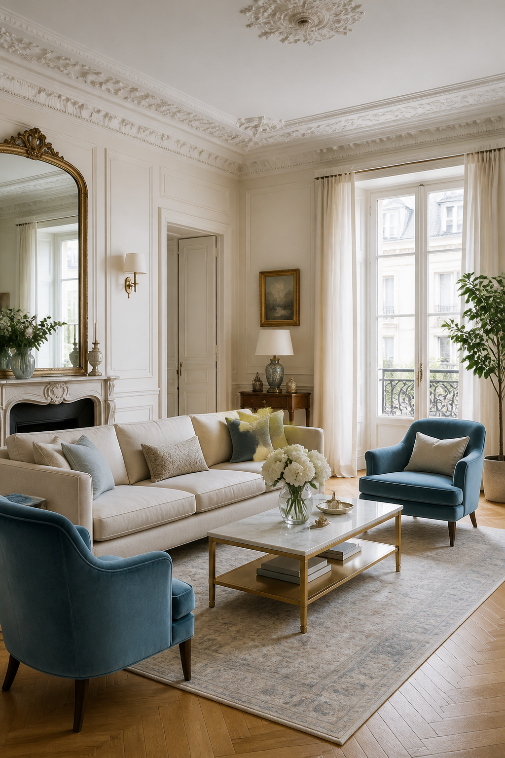 Elegant European living room interior featuring ornate white crown molding on ceiling, cream linen sofa with plush velvet armchairs in soft blue, white marble-topped coffee table with golden legs, herringbone hardwood floors, and tall windows with natural light streaming in