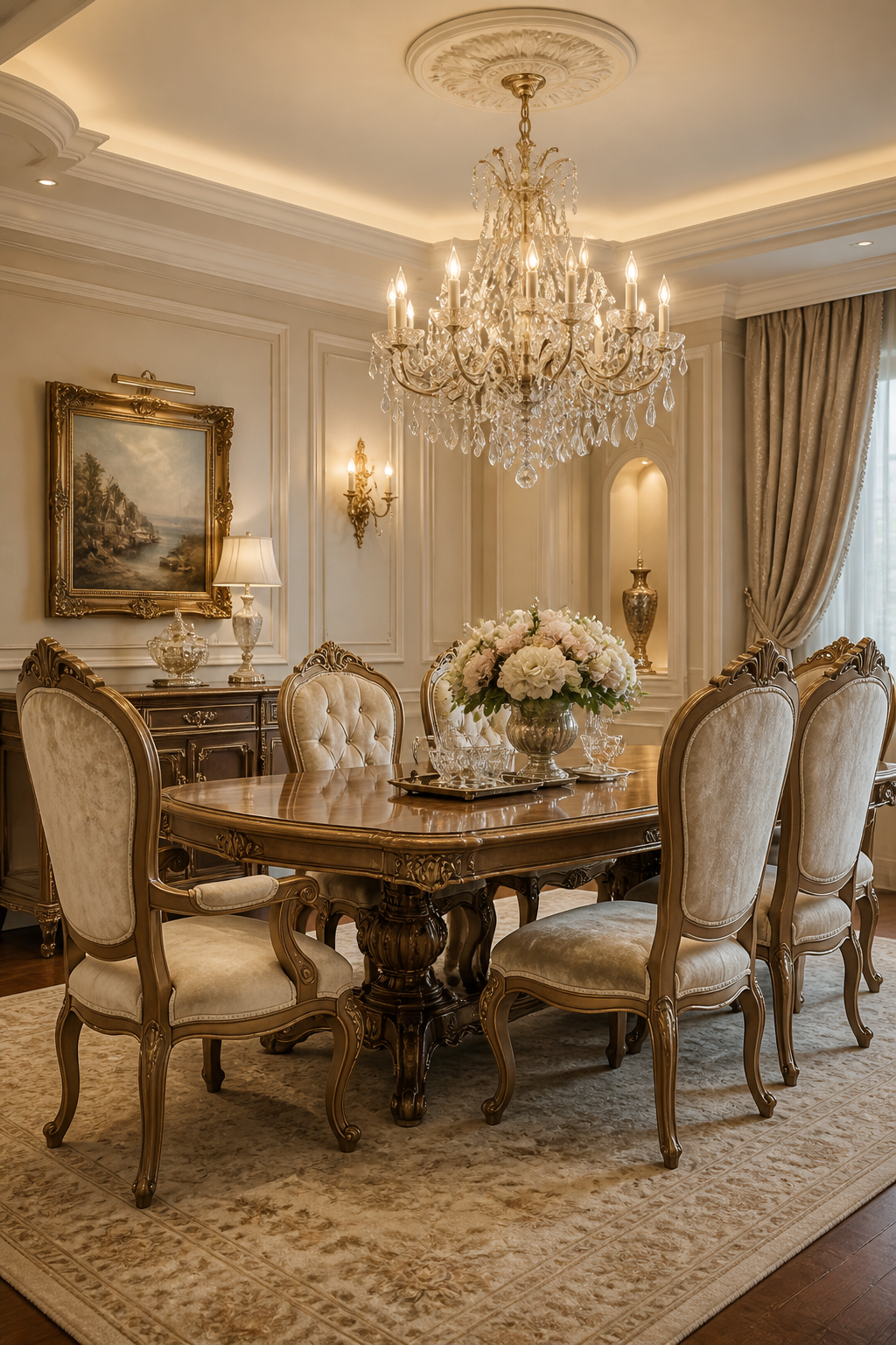 Luxurious European dining room with carved wooden dining chairs upholstered in champagne velvet around antique-style table, crystal chandelier hanging above, soft neutral color palette with beige walls, decorative molding, and warm ambient lighting