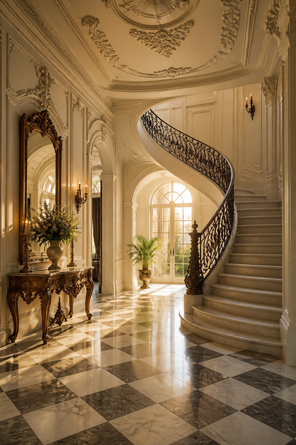 Grand European entryway hall showcasing white marble flooring in checkboard pattern, sweeping curved staircase with wrought iron railing, ornate plasterwork on walls and ceiling, antique console table with curved legs, and warm golden hour lighting