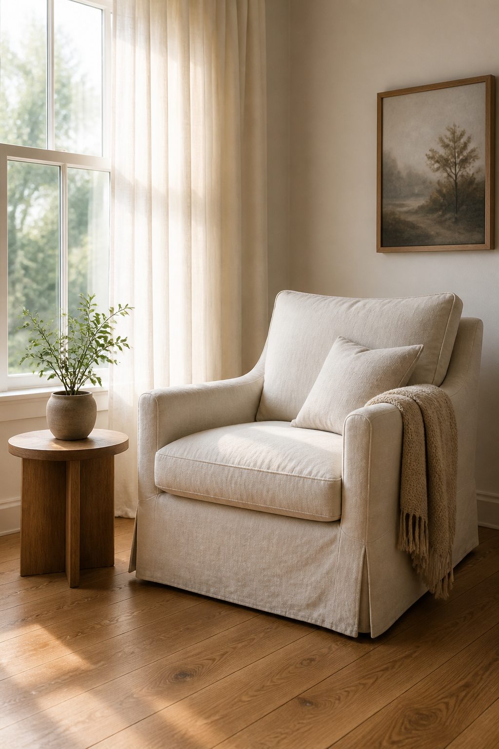 A serene living room corner with a single cream-colored linen armchair next to a large window with soft natural light filtering through sheer curtains, warm oak hardwood floors, and one small potted plant on a simple wooden side table
