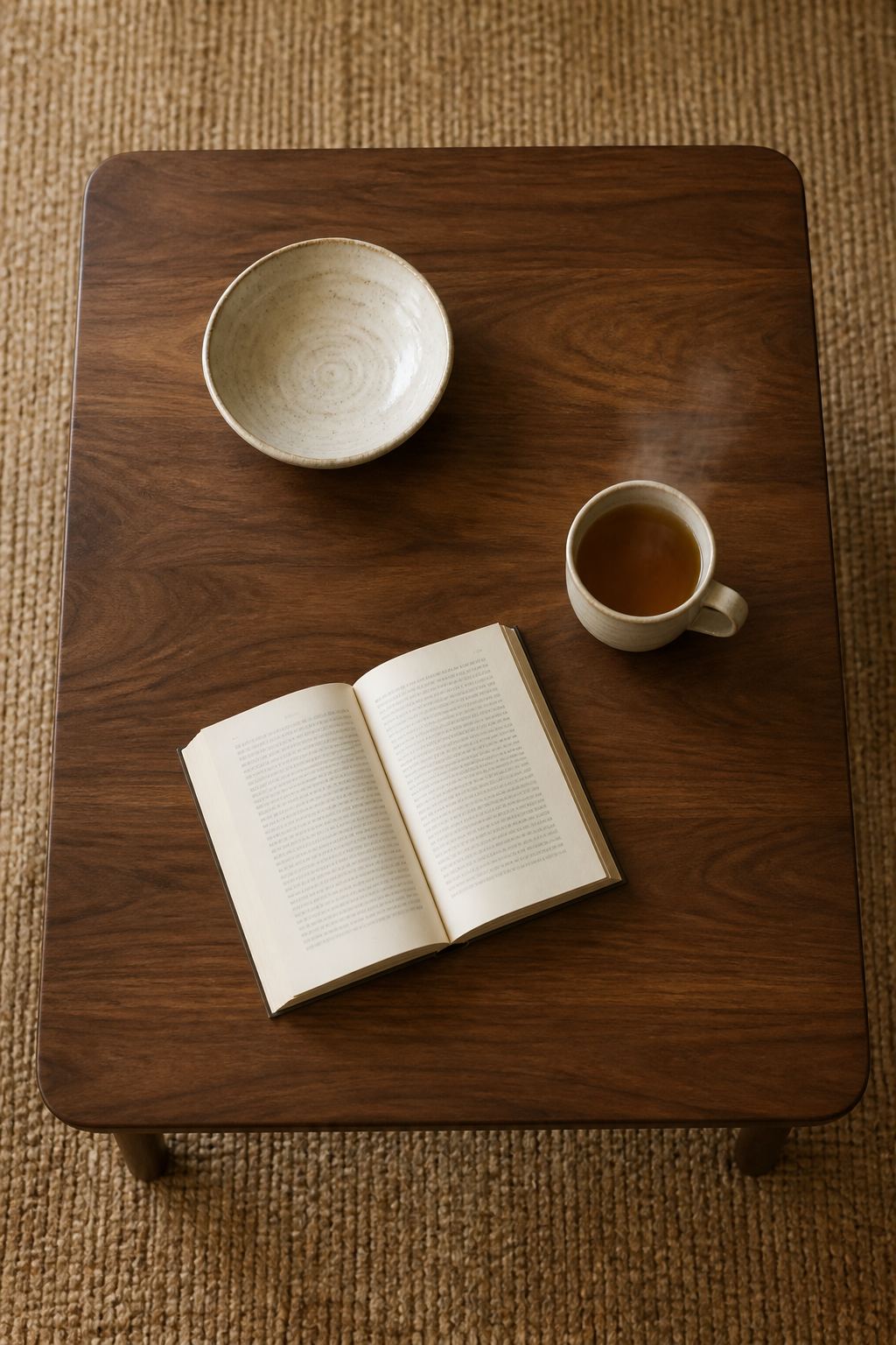 An overhead view of a simple wooden coffee table with warm walnut finish, holding only a handmade ceramic bowl in cream glaze, an open book with visible pages, and a steaming cup of tea, set against a neutral jute area rug