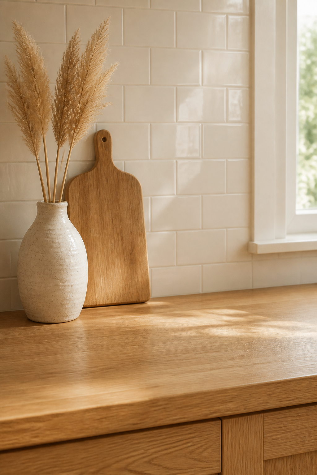 A peaceful kitchen countertop in warm white oak with empty space, one textured ceramic vase holding dried pampas grass stems, a wooden cutting board leaning against cream subway tile backsplash, and gentle natural window light creating soft highlights
