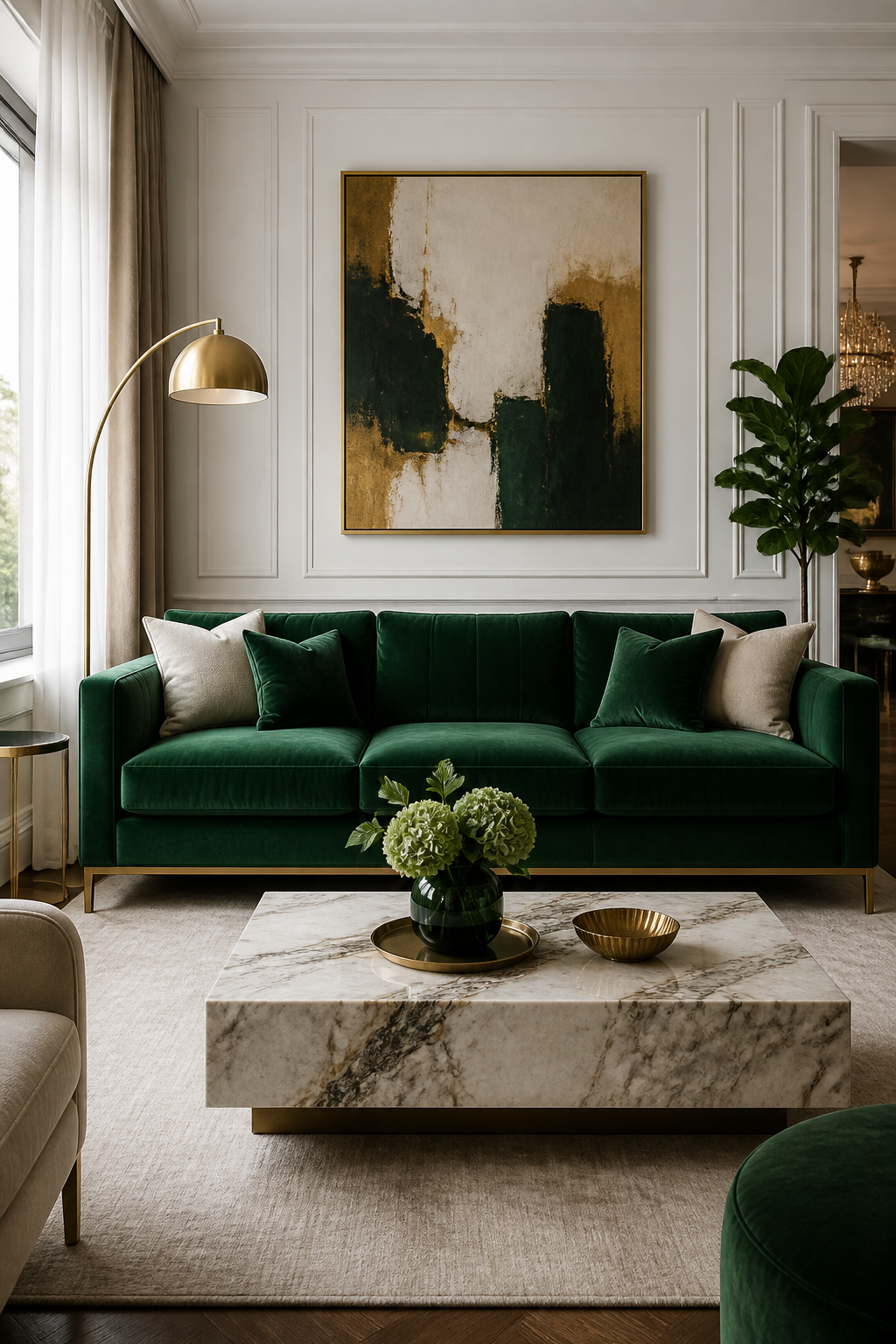 A luxurious emerald green velvet sofa centered in an elegant living room with brass floor lamp, marble coffee table, and abstract gold-framed artwork on white walls, natural daylight streaming through sheer curtains
