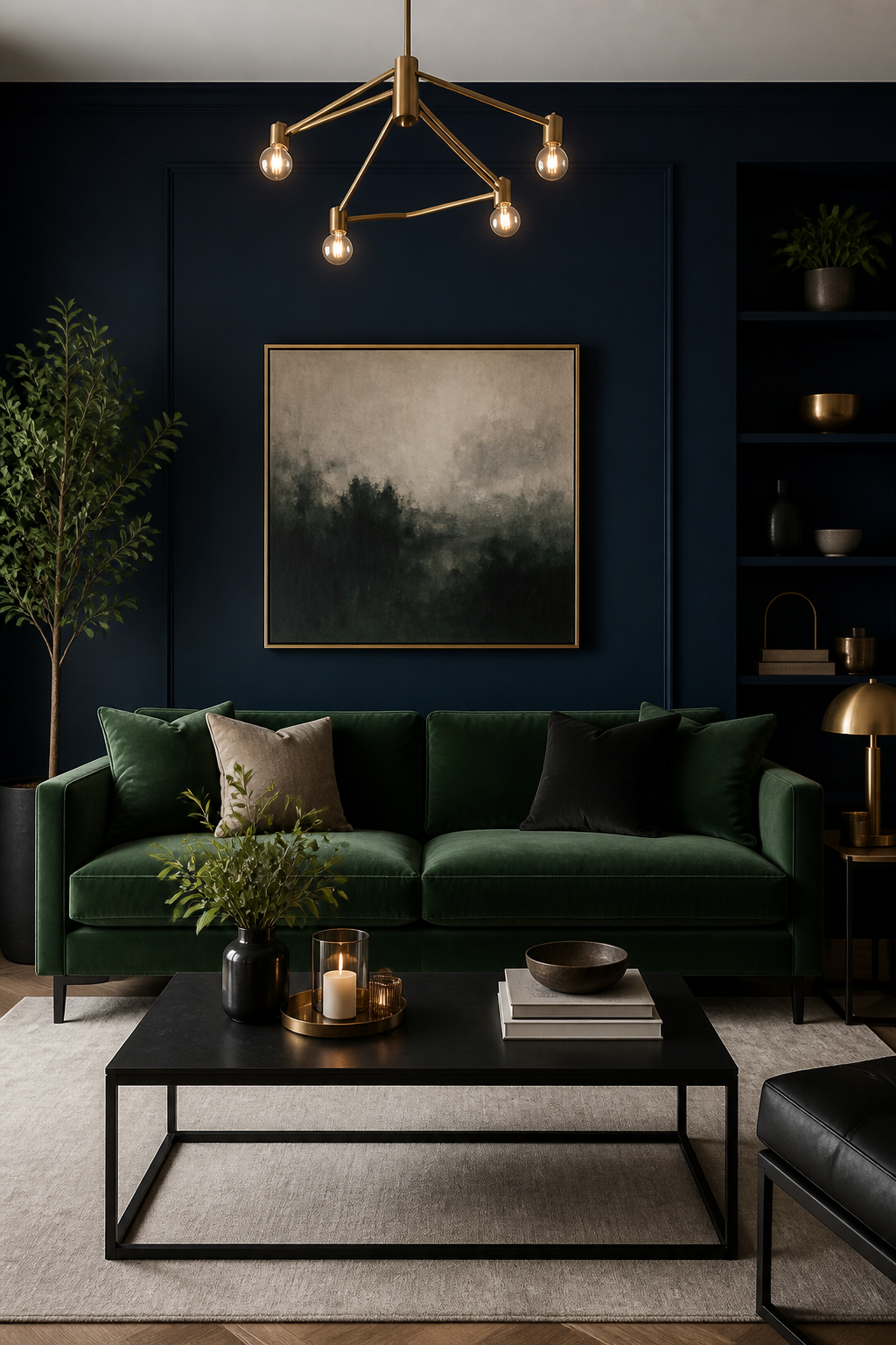 A modern living room featuring a forest green velvet couch against navy blue accent wall, geometric brass light fixture overhead, black metal coffee table with styling books and candles, minimalist aesthetic