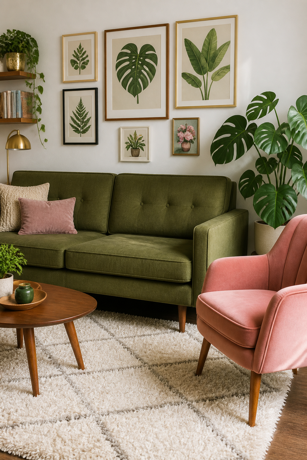 An olive green mid-century modern sofa with wooden tapered legs, paired with blush pink velvet accent chair, gallery wall of botanical prints, white shag rug, and potted monstera plant beside the armrest