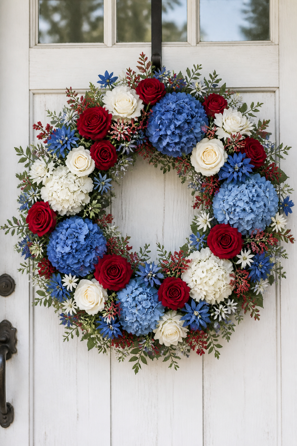 A rustic farmhouse-style front door wreath made of red, white, and blue flowers including hydrangeas, roses, and small star-shaped blooms, hanging on a white wooden door with natural lighting