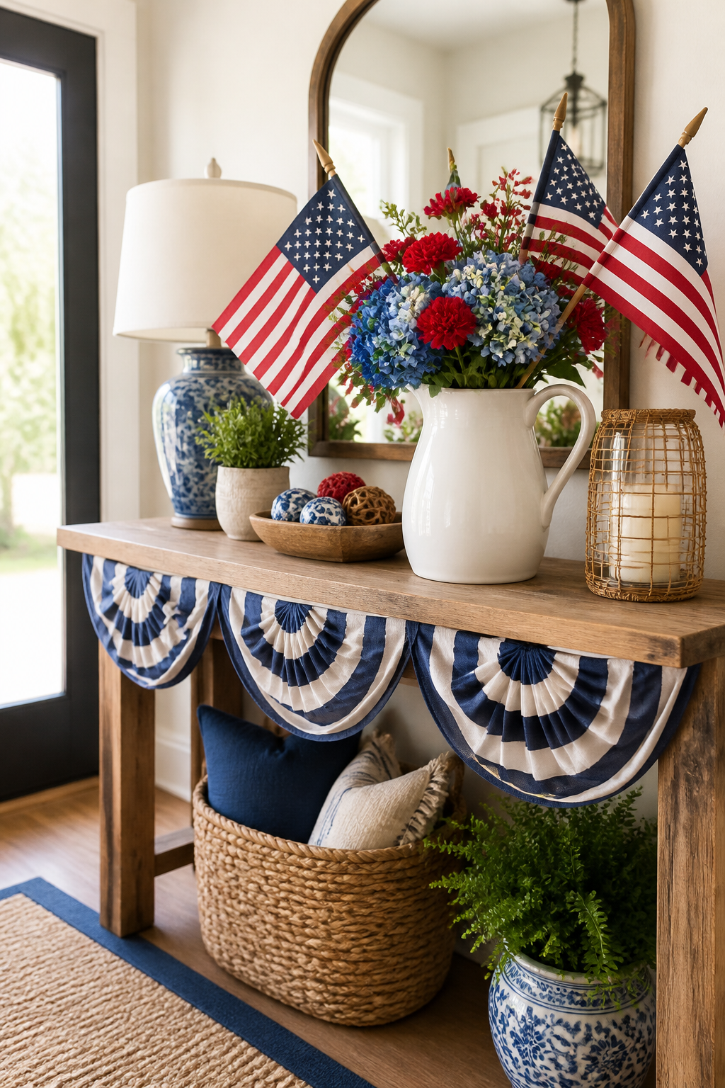 A bright entryway console table styled with patriotic decor including a white ceramic pitcher filled with small American flags and red and blue flowers, flanked by blue and white striped fabric bunting draped naturally across the table edge, warm natural window light