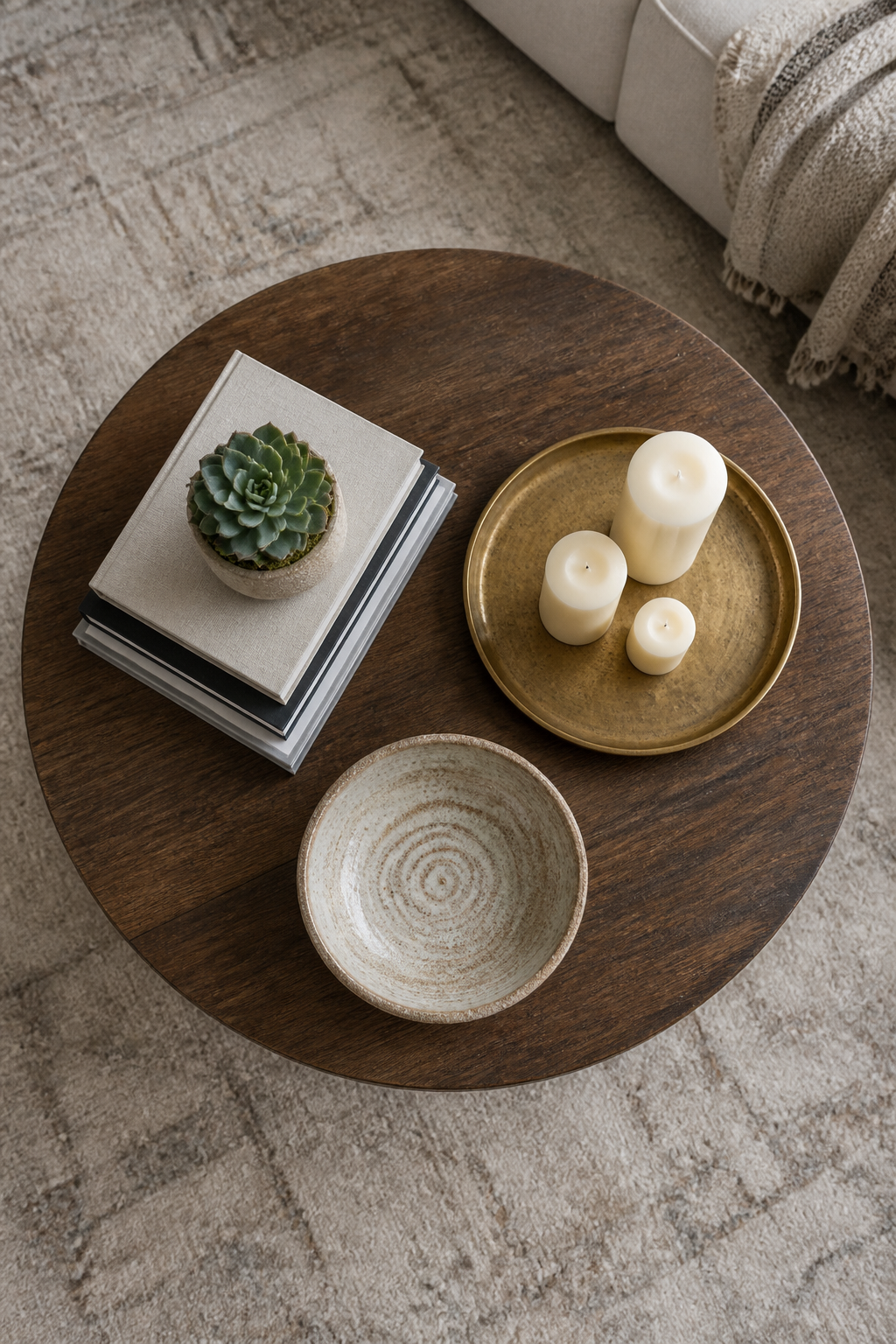 Overhead flat lay photograph of a styled round wooden coffee table with three distinct groupings: a stack of coffee table books with a small succulent plant on top, a decorative brass tray holding pillar candles in varying heights, and a textured ceramic bowl, all arranged on a neutral area rug with a modern sofa visible at the edge