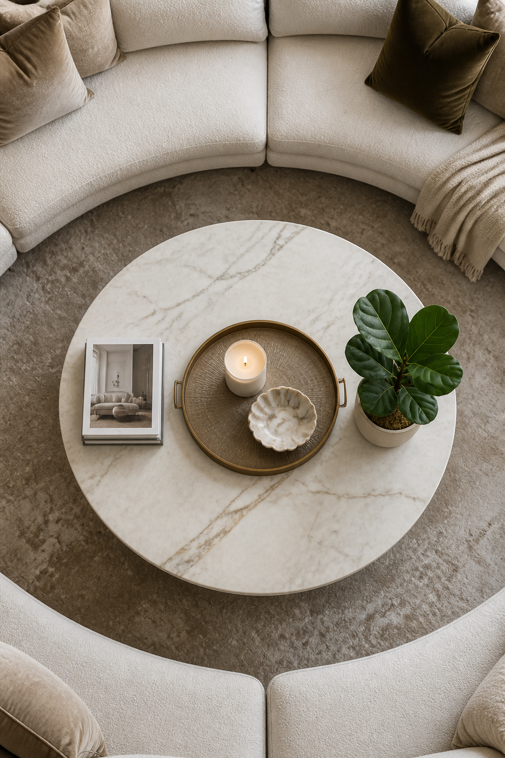 Bird's eye view of a luxurious round marble coffee table displaying a symmetrical arrangement: a circular decorative tray in the center holding a candle and small bowl, flanked by a neat stack of design magazines on one side and a small potted fiddle leaf fig plant on the other, with a plush cream-colored sectional sofa framing the scene