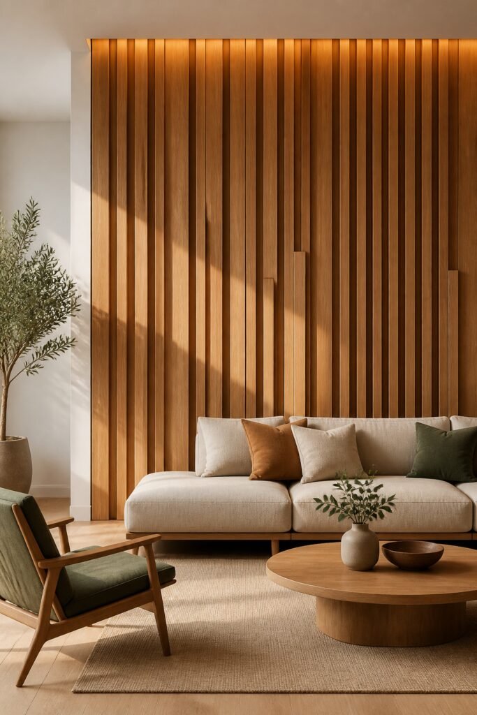 Modern living room interior featuring a stunning vertical wood slat panel accent wall in natural oak tones, with geometric shadows creating depth and texture, minimalist Scandinavian furniture in the foreground, warm ambient lighting highlighting the wood grain