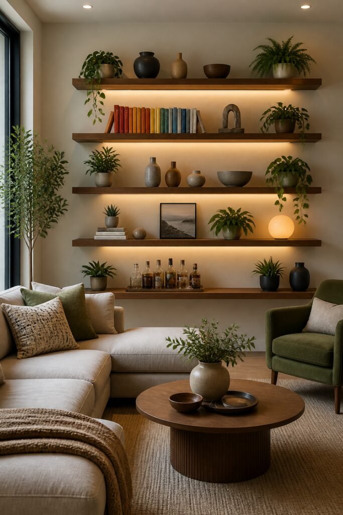 Modern living room interior featuring Floating shelves are the perfect solution for adding visual interest while creating much-needed storage and display space. The beauty of wall shelving is the endless styling possibilities. Arrange books by color for that rainbow shelf look, display collected pottery and ceramics, showcase travel souvenirs, or create a mini bar setup. Switch things up seasonally to keep your space feeling fresh.Pro styling tip: Follow the "rule of threes" and vary heights when arranging objects on shelves. This creates visual rhythm that's pleasing to the eye without looking too matchy-matchy.