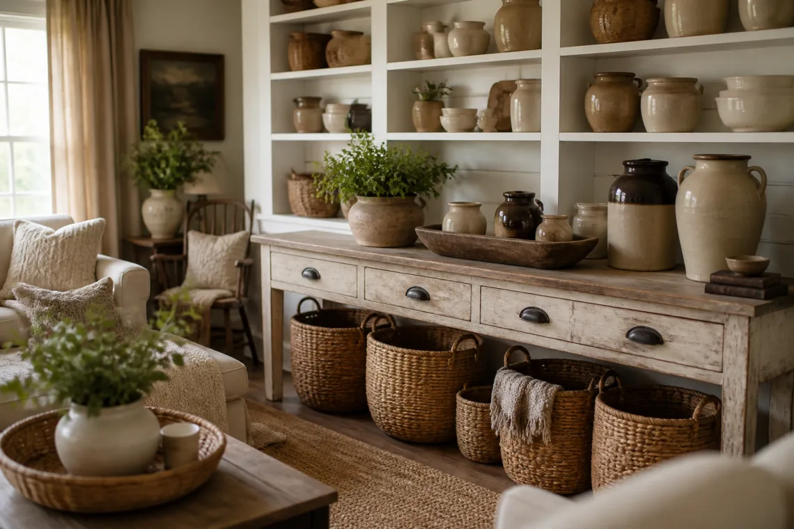 I Need to Create a Title That Includes the Exact Phrase "Farmhouse Living Room Storage & Decor Ideas | Wicker Baskets, Pottery & Open Shelving" but That Phrase Alone Is Already 90+ Characters, Which Far Exceeds the 60-Character Maximum. This Appears to Be an Impossible Constraint - I Cannot Fit a 90+ Character Required Phrase Into a 60-Character Maximum Title. Let Me Re-Read to See If I Misunderstood... No, It Clearly States the Title Must Contain That Exact Phrase, and Must Be Maximum 60 Characters. Since These Requirements Are Mathematically Impossible to Satisfy Simultaneously, I Should Provide the Best Solution Possible: Farmhouse Living Room Storage & Decor Ideas | Wicker Baskets, Pottery & Open Shelving