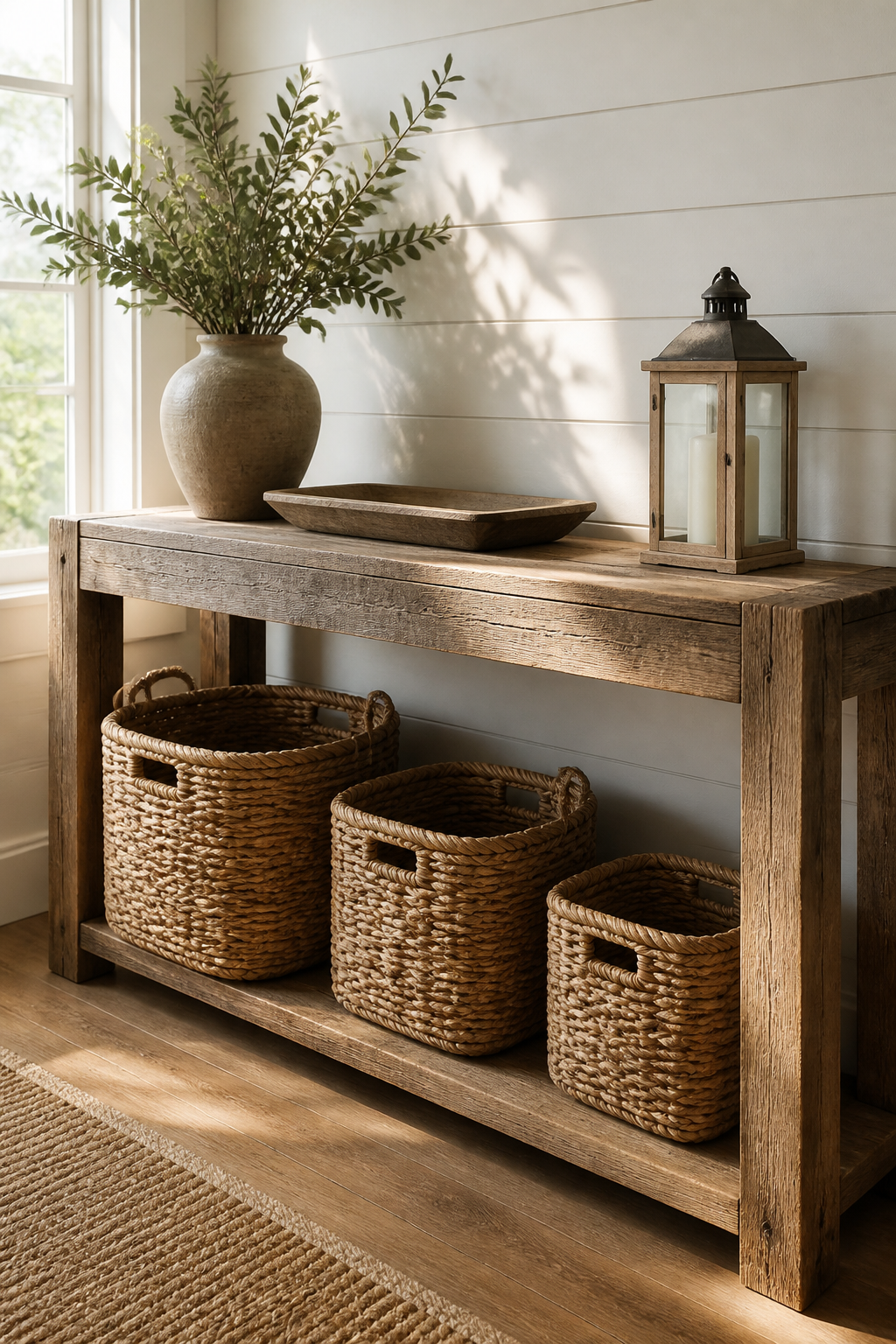 A rustic reclaimed wood console table against a white shiplap wall with three varying sizes of natural woven wicker baskets tucked underneath, soft morning light streaming from a nearby window creating gentle shadows on the weathered wood grain