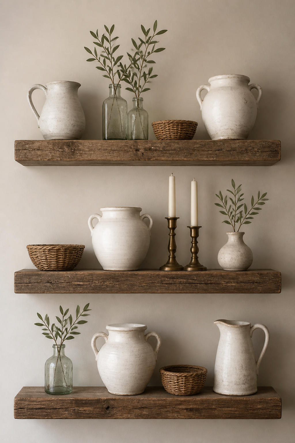 Floating reclaimed barn wood shelves mounted on a neutral wall showcasing a symmetrical arrangement of vintage white pottery, small wicker catch-all baskets, candlesticks, and simple greenery stems in antique glass bottles