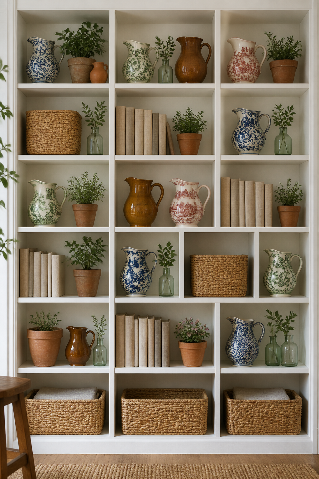 Floor-to-ceiling white painted open wooden shelving unit styled with a curated mix of white ironstone pitchers, terracotta pots, woven basket storage bins, and linen-covered books, with greenery sprigs in glass bottles interspersed throughout
