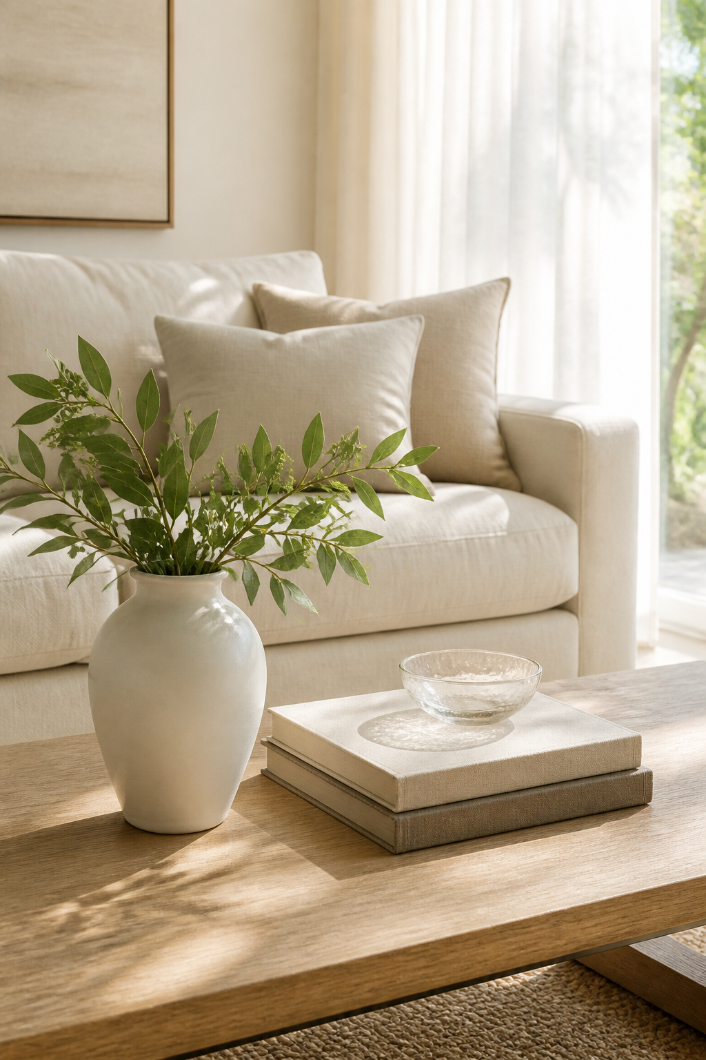A bright, airy living room coffee table with only three carefully curated items - a single white ceramic vase with fresh greenery, a stack of two linen-bound books, and a small glass bowl - against a light neutral sofa, natural sunlight streaming through sheer curtains