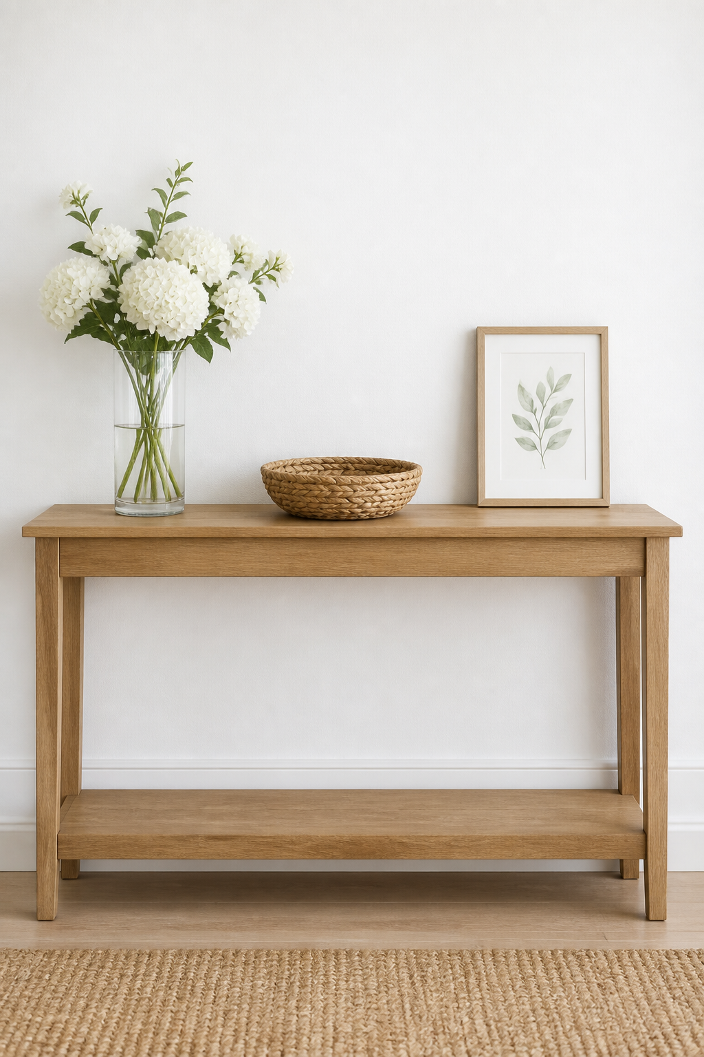 A clean, uncluttered console table against a white wall displaying summer decor - a tall clear glass vase with simple white flowers, a round woven basket, and one small framed botanical print, with plenty of empty surface showing
