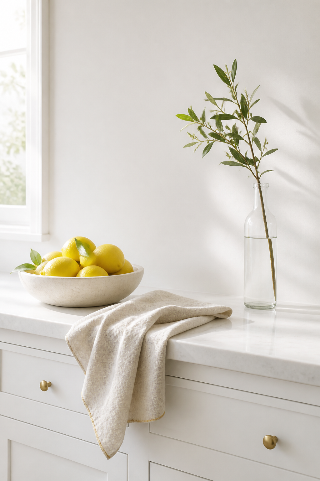 A pristine white kitchen counter or sideboard styled for summer with minimal high-end touches - a bowl of fresh lemons, a linen tea towel draped casually, and one tall glass bottle with a single stem of greenery, showcasing negative space and clean surfaces