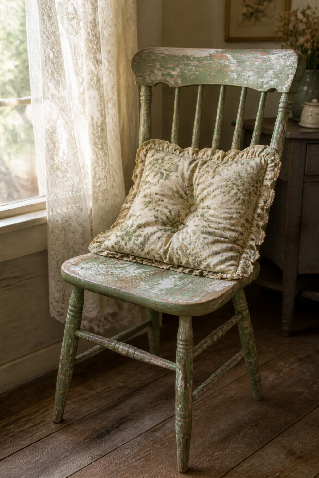 A weathered vintage wooden chair with peeling sage green paint, draped with a faded floral cushion in cream and muted green tones, positioned near a sunlit window with lace curtains