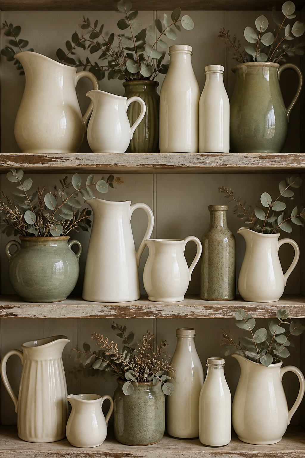A collection of creamy white ceramic pitchers and vintage milk bottles arranged on distressed wooden shelves, interspersed with dried eucalyptus sprigs and sage green pottery