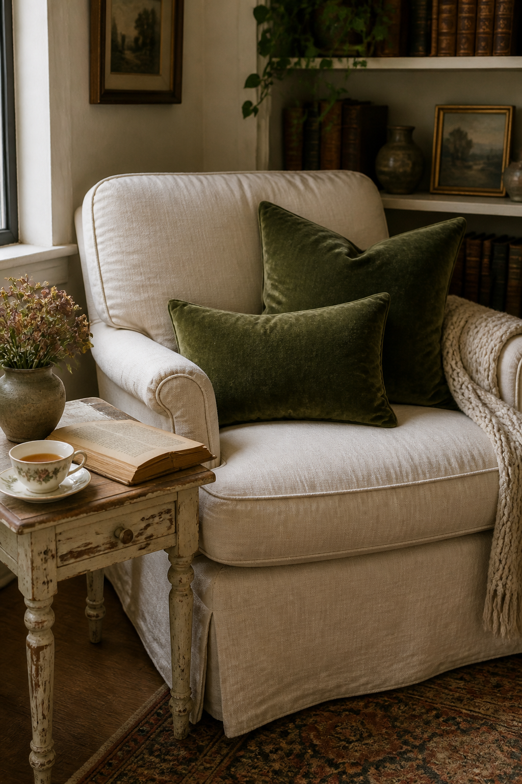 A cozy reading nook featuring a cream linen armchair with worn velvet green throw pillows, beside a small distressed side table holding an antique teacup and open vintage book