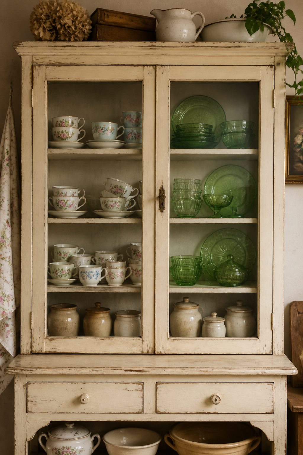An antique kitchen cabinet in cream with glass doors displaying mismatched vintage floral teacups, green Depression glass dishes, and aged ceramic jars with handwritten labels