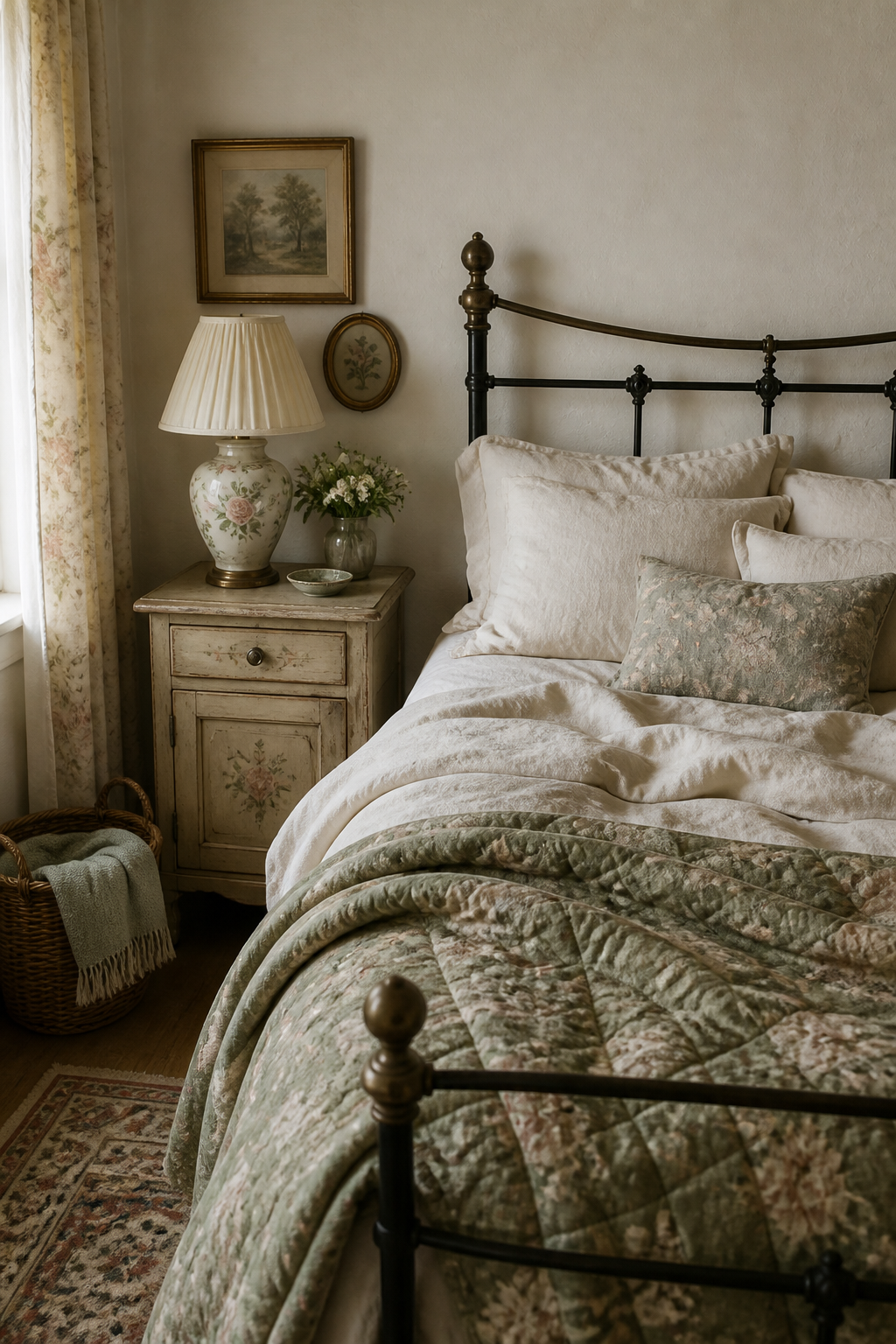 A cottage-style bedroom corner with unmade cream linen bedding, a quilted throw in faded sage green florals draped over the foot of an iron bed frame, and a vintage nightstand with a porcelain lamp