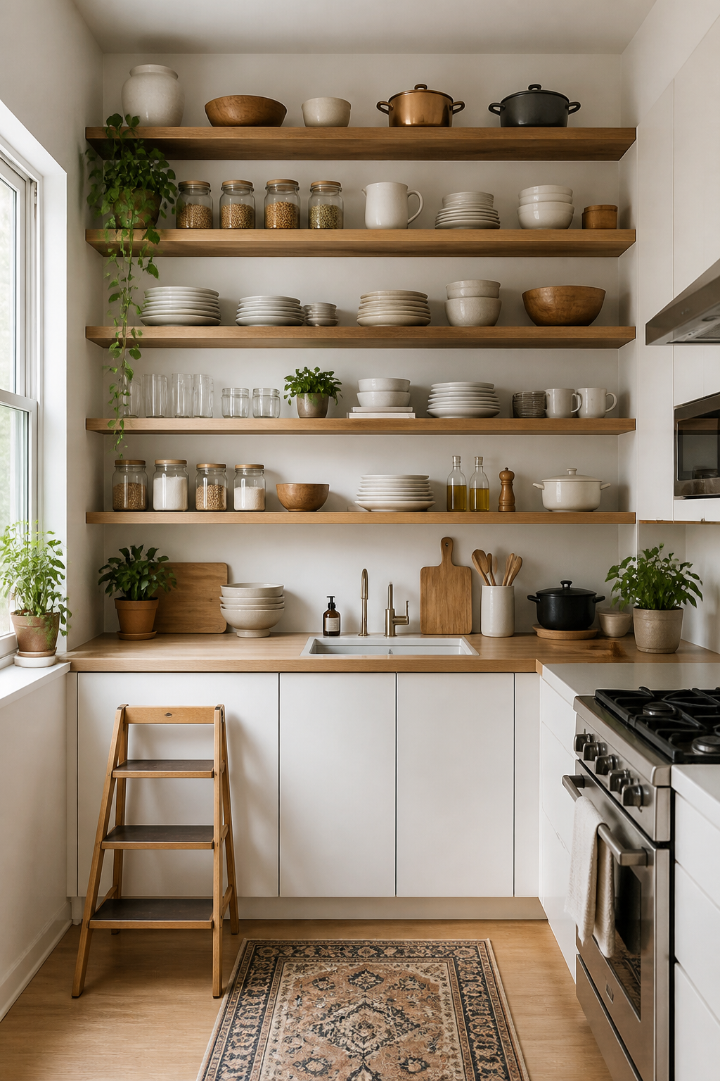Modern small white kitchen with floor-to-ceiling floating wooden shelves mounted on the wall, displaying organized dishes, jars, and cookware at various heights, with a small step stool leaning against the counter