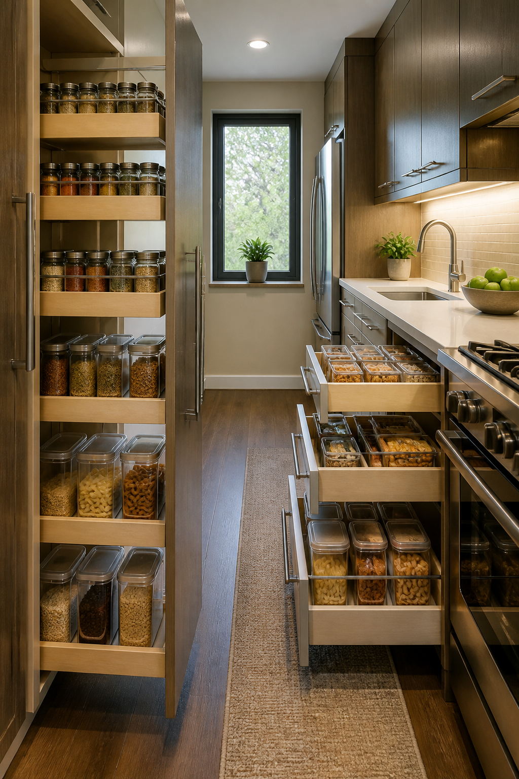 Compact galley kitchen with pull-out pantry organizers, sliding drawers fully extended showing tiered spice racks and organized food storage containers in a narrow space between cabinets