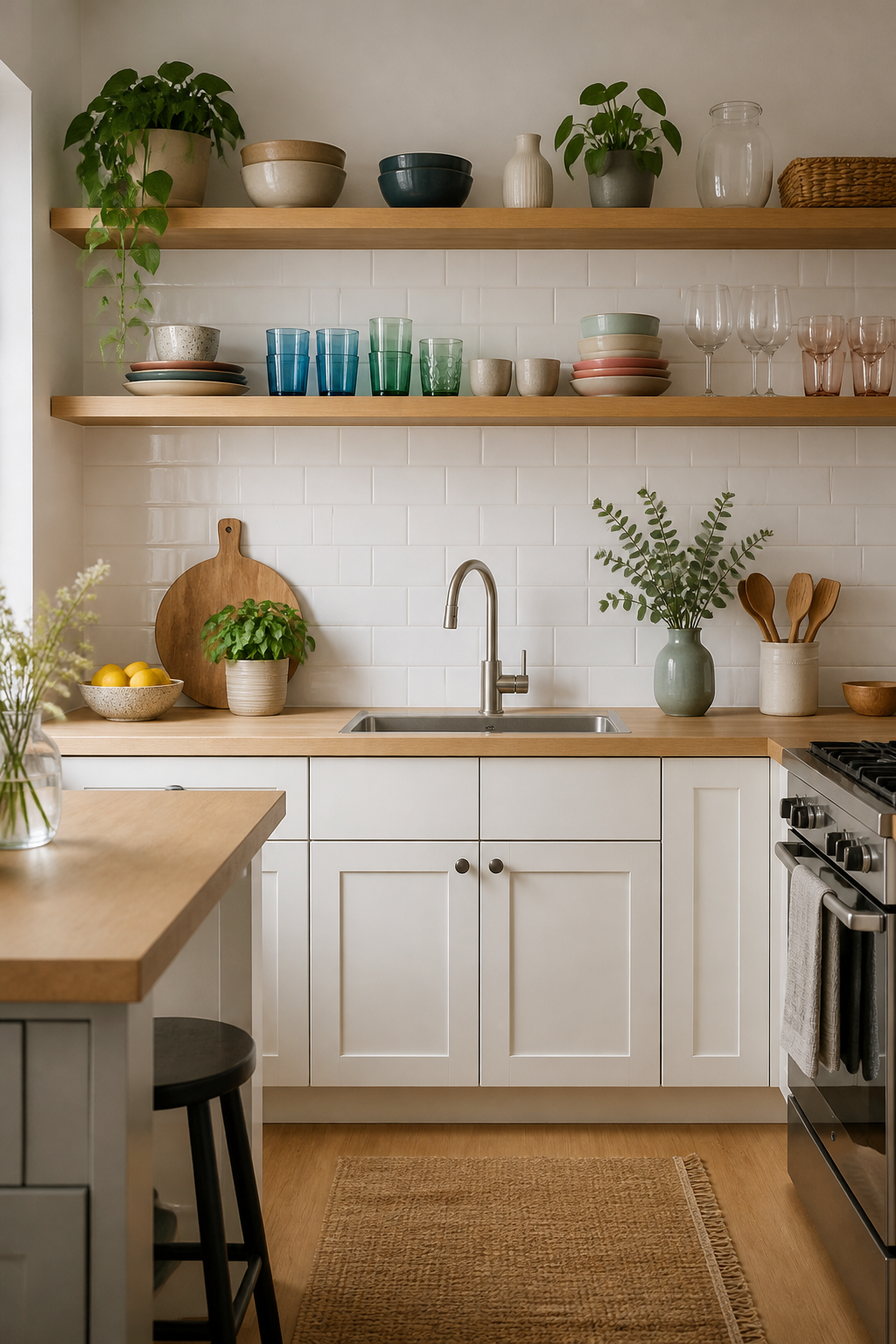 Small Scandinavian-style kitchen featuring open shelving instead of upper cabinets, white subway tile backsplash, and neatly arranged colorful dishes and glassware on minimalist wooden shelves