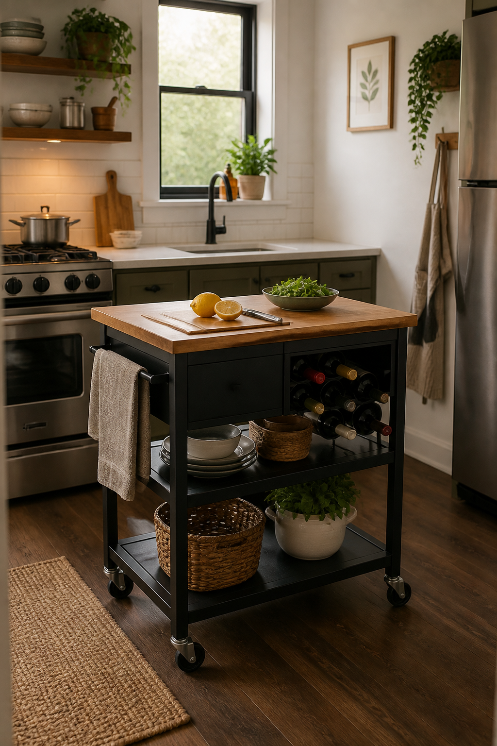 Tiny kitchen with multipurpose island on wheels, featuring built-in cutting board, towel rack, wine storage, and additional shelving underneath, positioned in center of compact cooking space