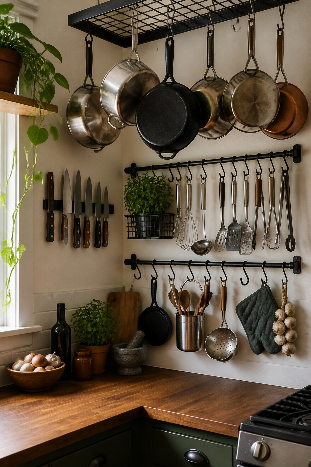 Corner of small kitchen with magnetic knife strip, hanging rail system with S-hooks holding utensils, pots and pans suspended from ceiling-mounted pot rack, maximizing vertical wall space