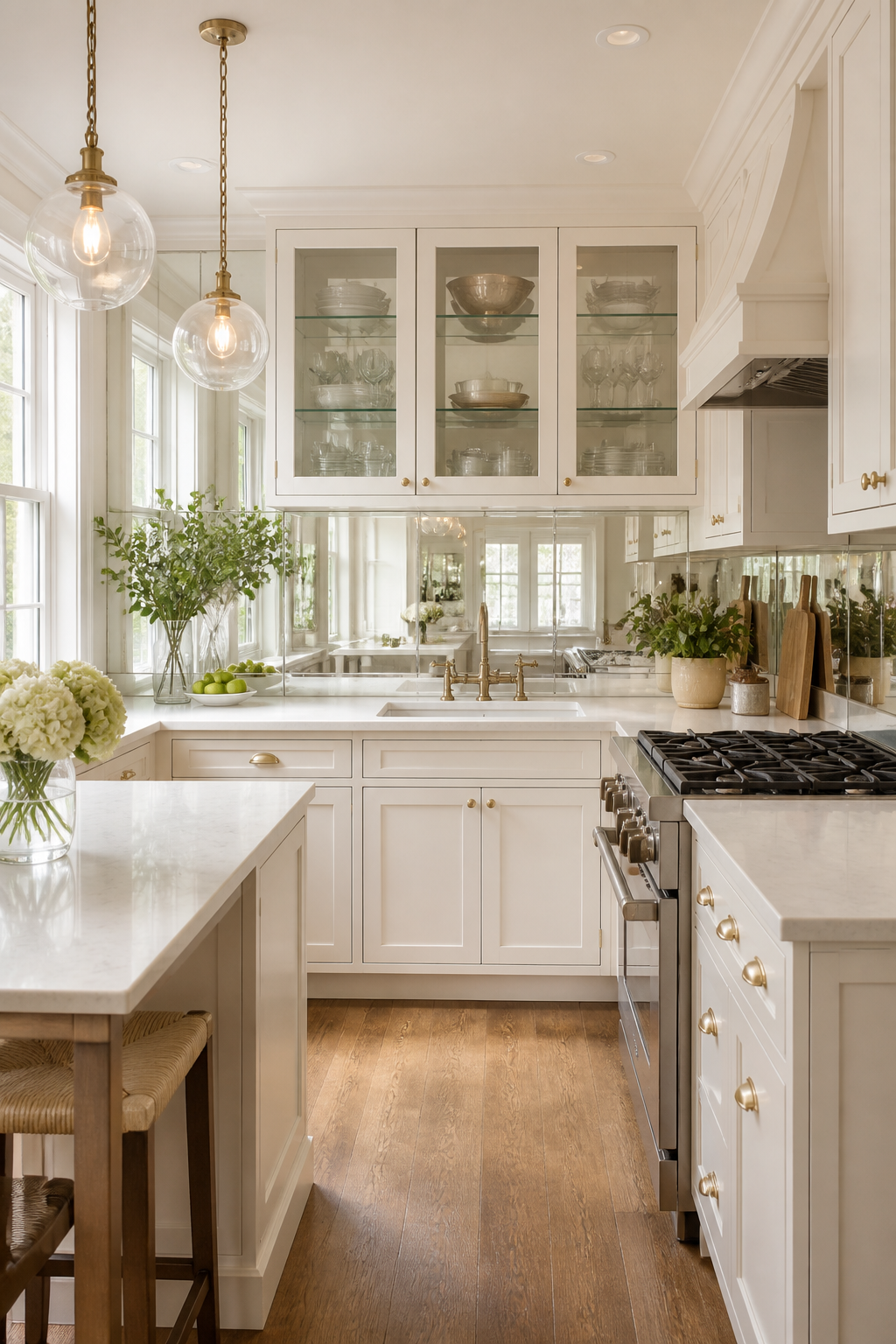 Bright small kitchen with mirrored backsplash reflecting natural light from window, white cabinets with glass fronts, and pendant lighting creating illusion of larger space
