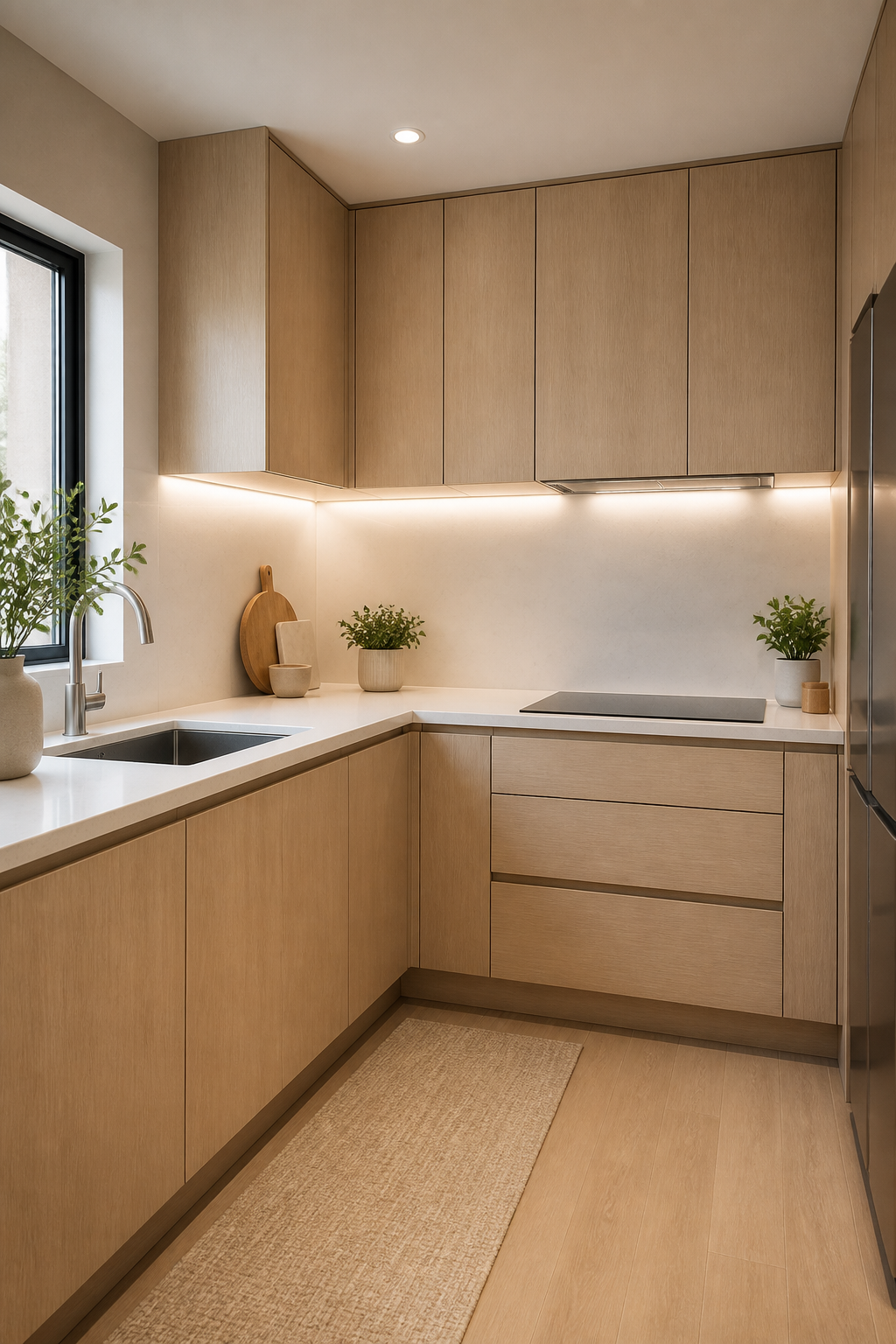 Compact L-shaped kitchen with light blonde wood cabinets, under-cabinet LED lighting strips illuminating white quartz countertops, and handle-less cabinet doors for streamlined look